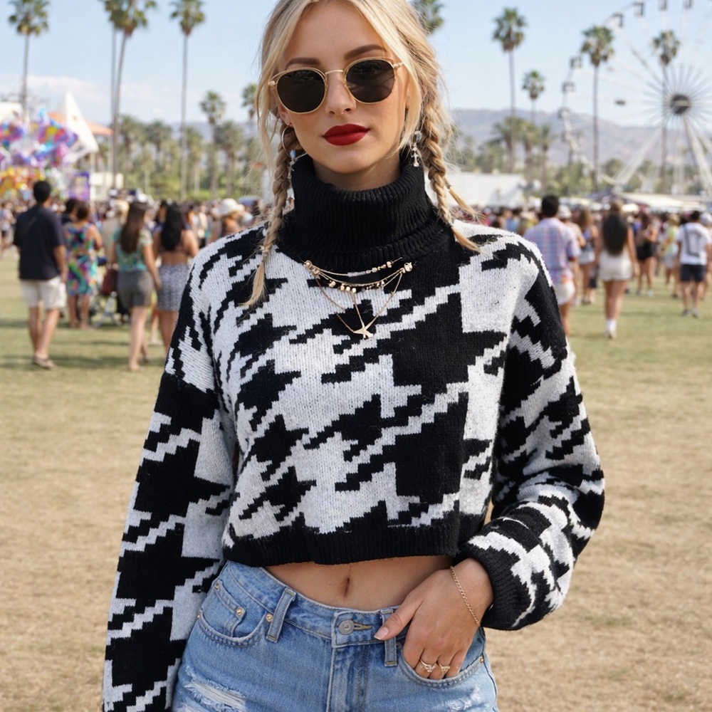 AKIRA Cropped Turtleneck Street Style Black and White Houndstooth Sweater, M